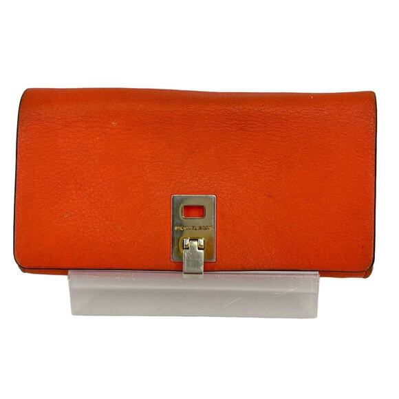 Michael Kors Bancroft Pebbled Calf Leather Wallet Orange Gold Tone Lock - Picture 1 of 16